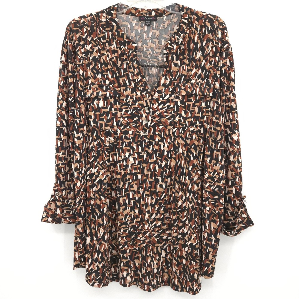 Cocomo Abstract Print Blouse Women XL Brown Roll Tab Sleeve V-Neck Top